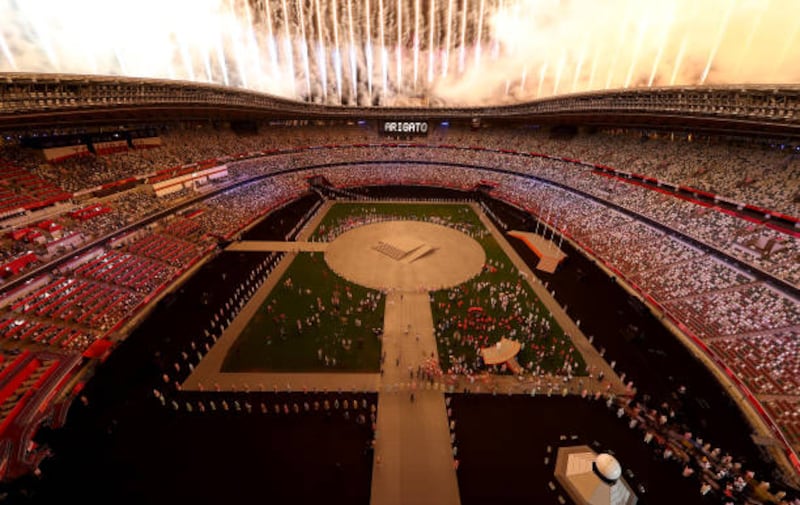 Fireworks above the stadium during the closing ceremony of the Tokyo 2020 Olympic Games.