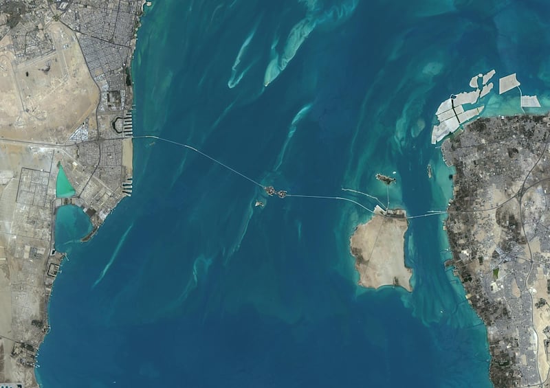 GER19D Satellite view of the King Fahd Causeway, a series of bridges and causeways connecting Saudi Arabia and Bahrain. This image was compiled from data acquired in 2014 by Landsat 8 satellite. Alamy