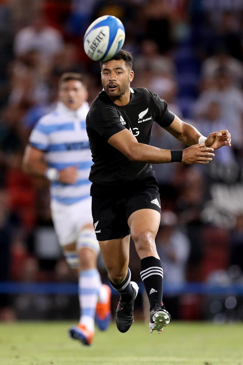 Richie Mo’unga of the All Blacks passes the ball during the game in Newcastle. Getty