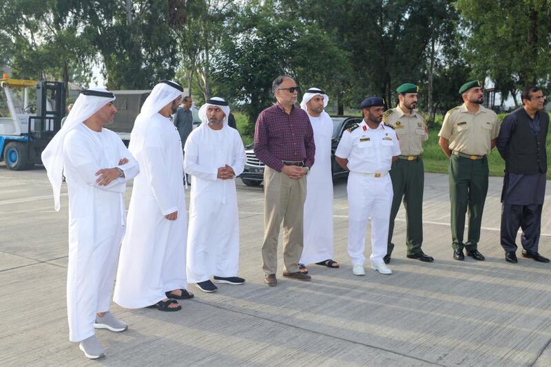 Hamad Alzaabi, the UAE Ambassador to Pakistan, accompanied by senior Pakistani government and National Disaster Management Authority officials in Islamabad, receives the first UAE aid flight to support those affected by floods and torrential rain in Pakistan. Images: UAE Embassy Pakistan