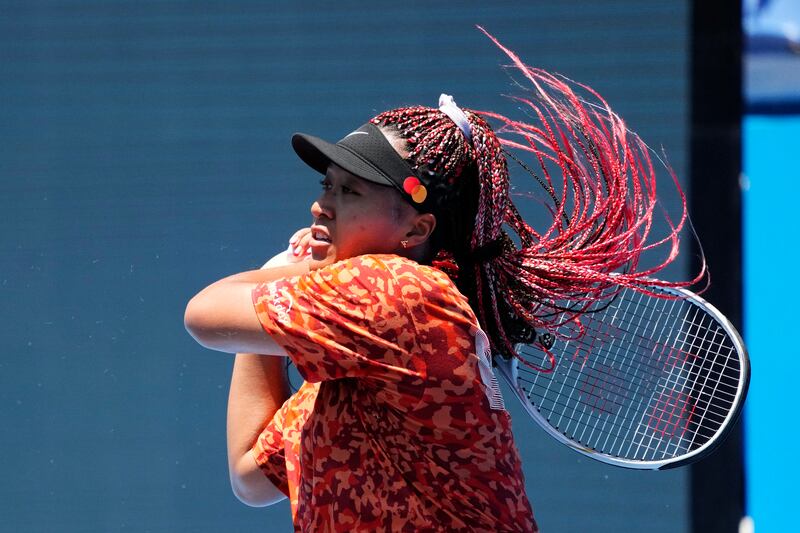 Japan's Naomi Osak practices ahead of the Tokyo Olympics at Ariake Tennis Centre, on Monday, July 19.