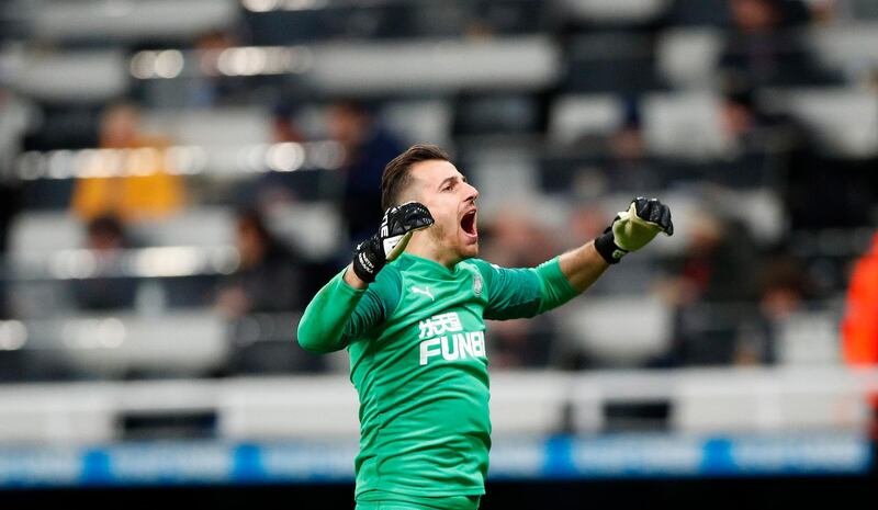 epa08139511 Newcastle United's Martin Dubravka celebrates during the English Premier league soccer match between Newcastle United and Chelsea held at St James' Park stadium in Newcastle, Britain, 18 January 2020.  EPA/LYNNE CAMERON EDITORIAL USE ONLY.  No use with unauthorized audio, video, data, fixture lists, club/league logos or 'live' services. Online in-match use limited to 120 images, no video emulation. No use in betting, games or single club/league/player publications.