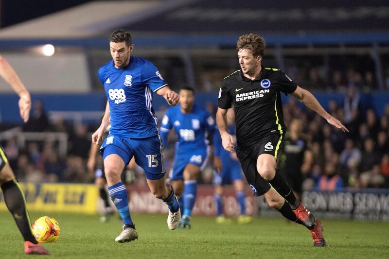BIRMINGHAM, ENGLAND-DECEMBER 17: Lukas Jutkiewicz of Birmingham City and Dale Stephens of Brighton & Hove Albion in action during the Sky Bet Championship match between Birmingham City and Brighton & Hove Albion at St Andrews Stadium on December 17, 2016 in Birmingham, England (Photo by Nathan Stirk/Getty Images).