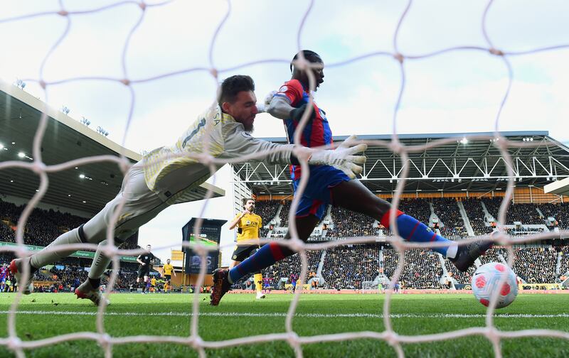 Jean-Philippe Mateta of Crystal Palace scores his side's first goal in the 2-0 win at Wolverhampton Wanderers. Getty