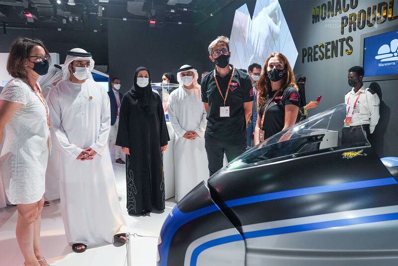 Sheikh Hamdan views an exhibit. The Monaco pavilion has the theme Monaco 360°, a World of Opportunities.