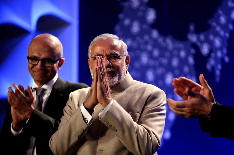 Narendra Modi at the Digital India dinner held at Fairmont Hotel in San Jose on Saturday, September 26, 2015. The event was attended by Silicon Valley CEOs including Sundar Pichai of Google, Satya Nadella of Microsoft, John Chambers of Cisco and Shantanu Narayan of Adobe. Shweta Gulati via AP