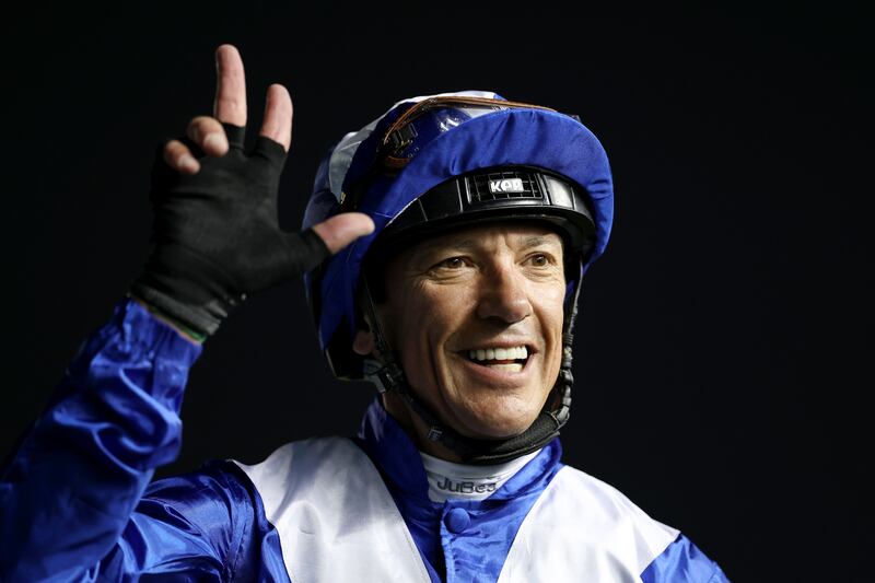 Frankie Dettori holds up three fingers to represent his three consecutive victories in the Dubai Turf while riding Lord North. Getty 