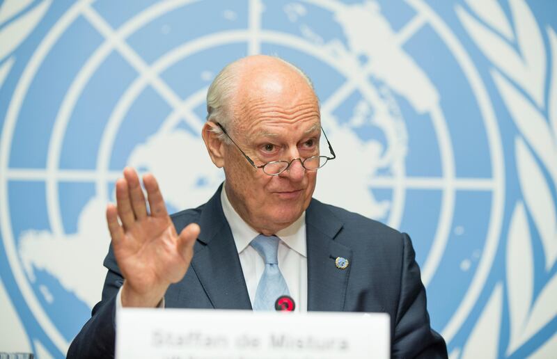 FILE- In this July 14, 2017, photo, United Nations Special Envoy for Syria Staffan de Mistura speaks at a news conference at Palais des Nations in Geneva, Switzerland. The United Nationsâ€™ top envoy for Syria says the next round of talks between the government and opposition will take place as soon as â€œin about a monthâ€ and no later than early November. De Mistura said Wednesday, Sept. 27, that both sides should show readiness to negotiate on four key issues: local and central governance, a new constitution, U.N. supervised elections and combating terrorism. (Xu Jinquan/Pool Photo via AP, File)