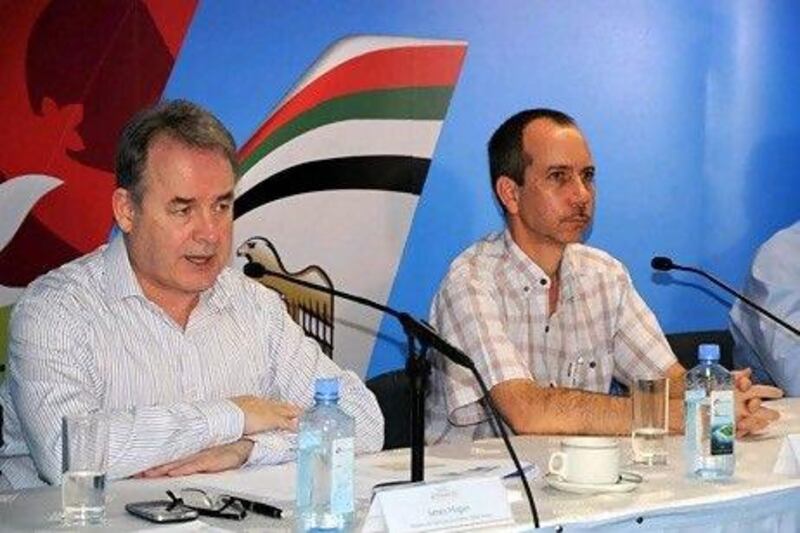 Media conference with James Hogan, left, and Minister Joel Morgan, right. Photo courtesy Air Seychelles