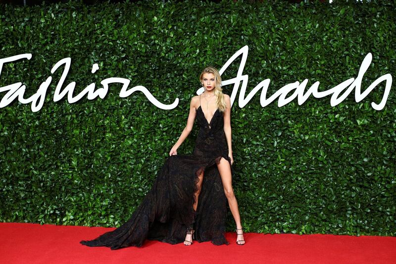 Stella Maxwell in Etro arrives at the 2019 British Fashion Awards in London on December 2, 2019. Reuters