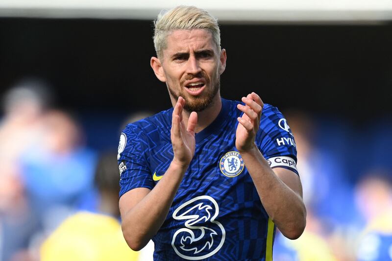 (FILES) In this file photo taken on August 14, 2021 Chelsea's Italian midfielder Jorginho  reacts at the final whistle during the English Premier League football match between Chelsea and Crystal Palace at Stamford Bridge in London.  - The UEFA Player of the Year award, to be presented on August 26, 2021, could shine a spotlight on a player from the shadows, with Chelsea's Jorginho and N'Golo Kante in the shortlist alongside Manchester City's Kevin De Bruyne.  (Photo by Glyn KIRK / AFP) / RESTRICTED TO EDITORIAL USE.  No use with unauthorized audio, video, data, fixture lists, club/league logos or 'live' services.  Online in-match use limited to 120 images.  An additional 40 images may be used in extra time.  No video emulation.  Social media in-match use limited to 120 images.  An additional 40 images may be used in extra time.  No use in betting publications, games or single club/league/player publications.   /  