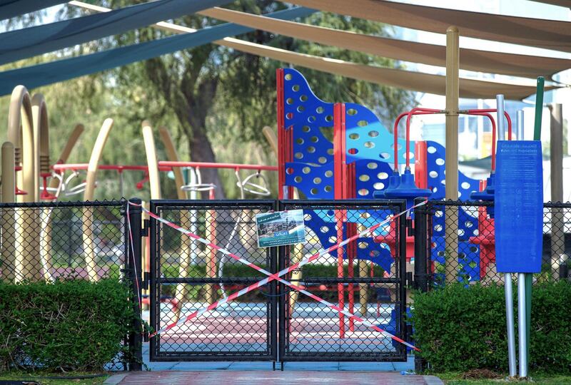 Abu Dhabi, United Arab Emirates, April 9, 2020.  A cordoned off park to keep residents safe from the Coronavirus at Al Falah Street, Abu Dhabi.
Victor Besa / The National
Section:  NA
Reporter: