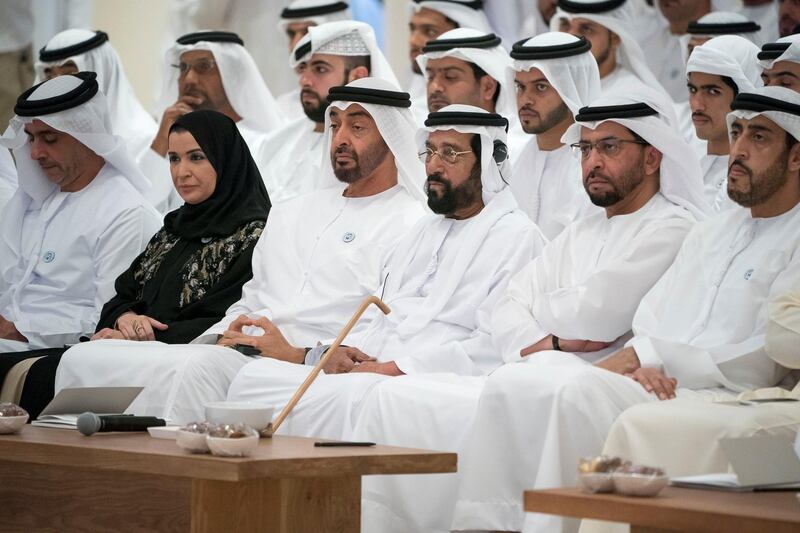 ABU DHABI, UNITED ARAB EMIRATES - May 28, 2018: (R-L) HH Sheikh Abdullah bin Rashid Al Mu'alla, Deputy Ruler of Umm Al Quwain, HH Sheikh Hamdan bin Zayed Al Nahyan, Ruler’s Representative in Al Dhafra Region, HH Sheikh Tahnoon bin Mohamed Al Nahyan, Ruler's Representative in Al Ain Region, HH Sheikh Mohamed bin Zayed Al Nahyan, Crown Prince of Abu Dhabi and Deputy Supreme Commander of the UAE Armed Forces, HE Dr Amal Abdullah Al Qubaisi, Speaker of the Federal National Council (FNC) and HH Lt General Sheikh Saif bin Zayed Al Nahyan, UAE Deputy Prime Minister and Minister of Interior, attend a lecture by Professor Hugh Herr, titled ‘The New Era of Extreme Bionics’, at Majlis Mohamed bin Zayed.
 ( Hamad Al Kaabi / Crown Prince Court - Abu Dhabi )
---