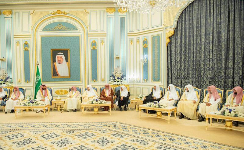 Crown Prince Mohammed bin Salman, Prime Minister of Saudi Arabia, and guests celebrate the first Friday of Ramadan at Al Yamamah Palace in Riyadh