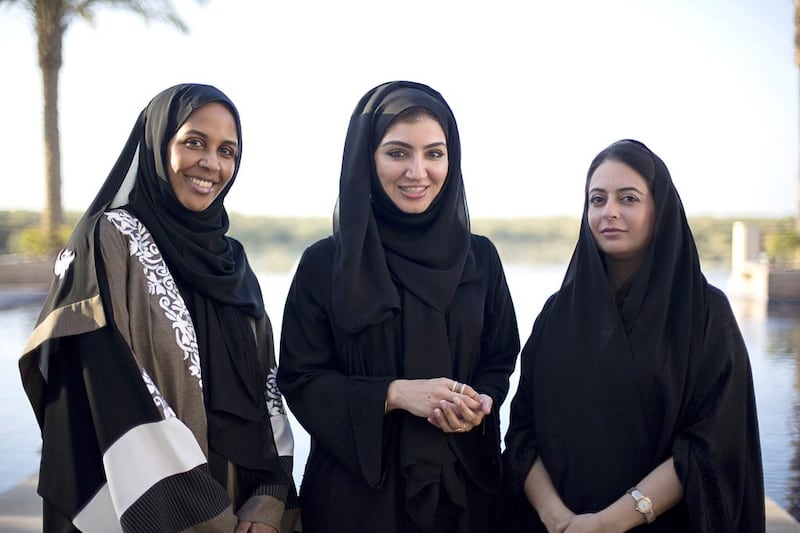 Su-ad Yousif, Bodour Al Tamimi and Laila Al Hassan, three of the four founders of Qiyadiyat, a leadership platform designed for Emirati women to help each other in business. Irene García León / The National