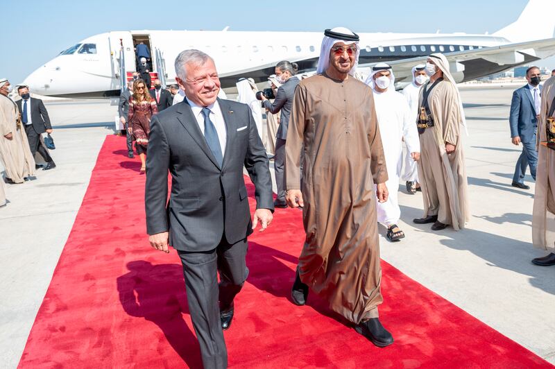 Sheikh Mohamed and King Abdullah at the airport on November 23, 2021. The King of Jordan later left the UAE and was seen off by Sheikh Mohamed.
