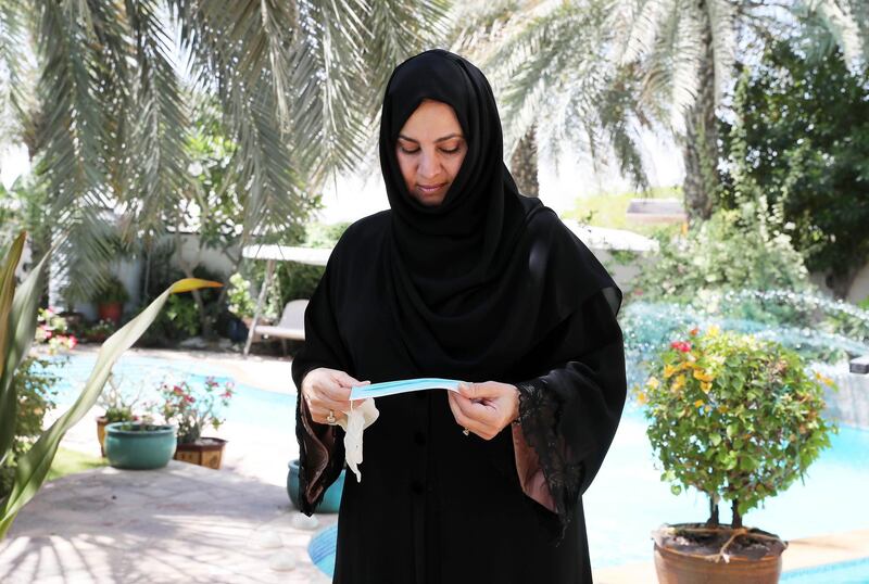 DUBAI, UNITED ARAB EMIRATES , May 12 – 2020 :- Habiba Al Marashi from Emirates Environmental group talking about the discarded masks and gloves which could become a health hazard as people dump them on the streets in Dubai. She is at her villa in Al Barsha 2 in Dubai. (Pawan Singh / The National) For News/Online. Story by Kelly