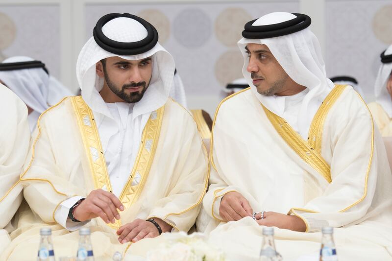 ABU DHABI, UNITED ARAB EMIRATES - April 19, 2017: HH Sheikh Mansour bin Mohamed bin Rashid Al Maktoum (L) and HH Sheikh Mansour bin Zayed Al Nahyan, UAE Deputy Prime Minister and Minister of Presidential Affairs (R) attend a group wedding reception for HH Sheikh Zayed bin Hamdan bin Zayed Al Nahyan (not shown), at Al Mushrif Palace.

( Mohamed Al Suwaidi for the Crown Prince Court - Abu Dhabi )
--- *** Local Caption ***  20170419MS_DSC1829.JPG