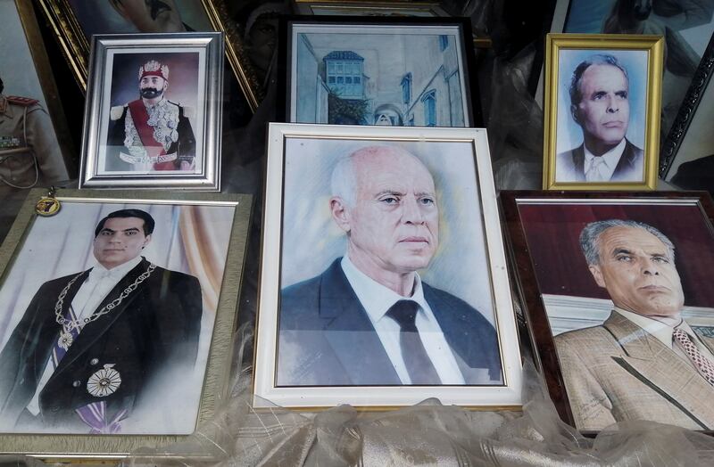 Many crucial players in Tunisia's political class say Kais Saied, centre, is headed down the path of Tunisia's former dictator, Zine El Abedine Ben Ali, bottom left. Reuters
