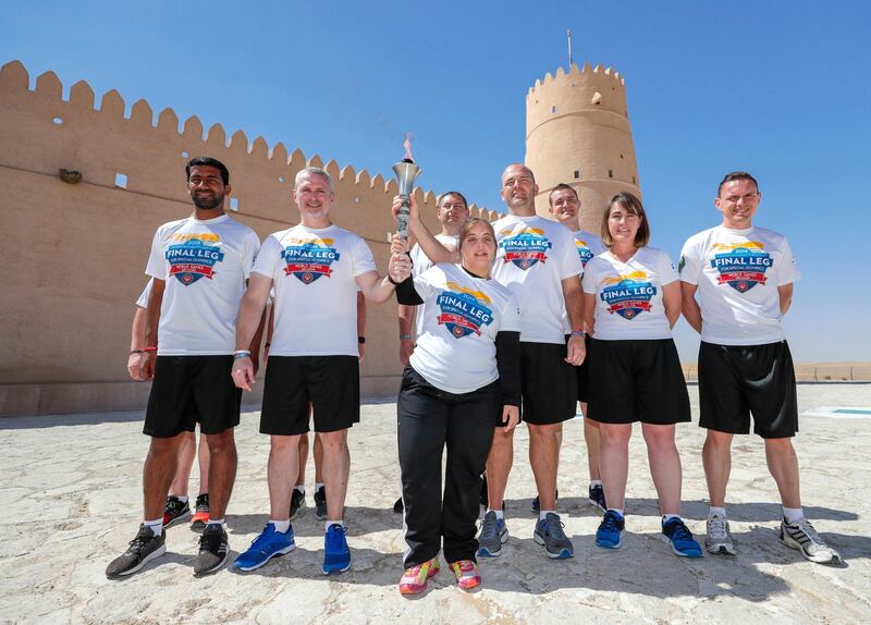 Abu Dhabi, United Arab Emirates, March 12, 2019.Special Olympics Torch Run Photo Opp at the Al Dhafrah Fort.
Victor Besa/The National
Reporter:  Shireena Al Nuwais
Section:  NA