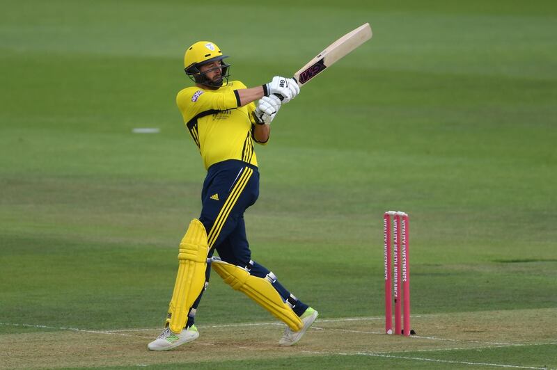 SOUTHAMPTON, ENGLAND - AUGUST 08:  James Vince of Hampshire hits out during the Vitality Blast match between Hampshire and Somerset at The Ageas Bowl on August 8, 2018 in Southampton, England.  (Photo by Mike Hewitt/Getty Images)