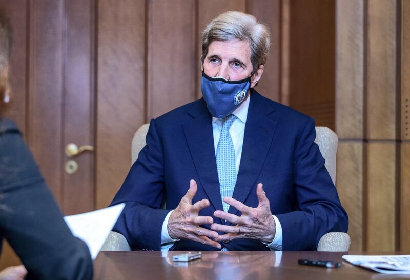 Abu Dhabi, United Arab Emirates, April 4, 2021.  Interview with US Special Presidential Envoy for Climate, John Kerry by Mina Al-Oraibi, editor-in-chief of The National.
Victor Besa/The National
Section:  NA