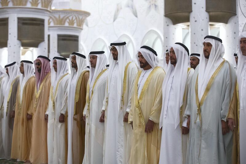 ABU DHABI, UNITED ARAB EMIRATES -September 01, 2017: HH Sheikh Mohamed bin Zayed Al Nahyan, Crown Prince of Abu Dhabi and Deputy Supreme Commander of the UAE Armed Forces (5th R), attends Eid Al Adha prayers at the Sheikh Zayed Grand Mosque. Seen are (R-L) HH Sheikh Rashid bin Hamdan bin Mohamed Al Nahyan, HH Sheikh Mohamed bin Butti Al Hamed, HH Sheikh Suroor bin Mohamed Al Nahyan, HH Sheikh Saif bin Mohamed Al Nahyan, HH Sheikh Mohamed bin Zayed Al Nahyan, Crown Prince of Abu Dhabi and Deputy Supreme Commander of the UAE Armed Forces, HH Sheikh Hazza bin Zayed Al Nahyan, Vice Chairman of the Abu Dhabi Executive Council, HH Sheikh Nahyan Bin Zayed Al Nahyan, Chairman of the Board of Trustees of Zayed bin Sultan Al Nahyan Charitable and Humanitarian Foundation, HH Lt General Sheikh Saif bin Zayed Al Nahyan, UAE Deputy Prime Minister and Minister of Interior, HH Sheikh Tahnoon bin Zayed Al Nahyan, UAE National Security Advisor, HH Sheikh Mansour bin Zayed Al Nahyan, UAE Deputy Prime Minister and Minister of Presidential Affairs, and HH Sheikh Hamed bin Zayed Al Nahyan, Chairman of the Crown Prince Court of Abu Dhabi and Abu Dhabi Executive Council Member.
( Ryan Carter / Crown Prince Court - Abu Dhabi )
---