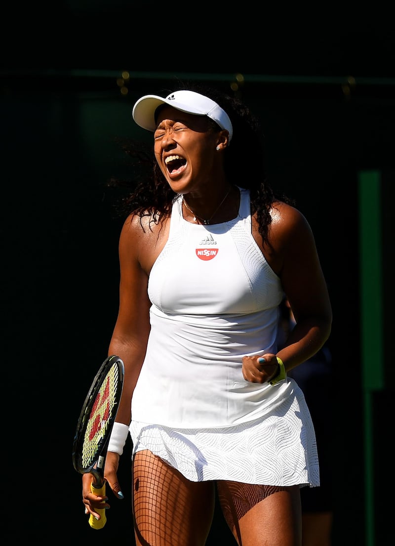 LONDON, ENGLAND - JULY 05:  Naomi Osaka of Japan celebrates during the Ladies Singles second round match against Barbora Strycova of the Czech Republic on day three of the Wimbledon Lawn Tennis Championships at the All England Lawn Tennis and Croquet Club on July 5, 2017 in London, England.  (Photo by David Ramos/Getty Images)