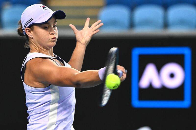 World No 1 Ashleigh Barty during her straight-sets win over Ekaterina Alexandrova in the Australian Open third round at Melbourne Park on February 13.