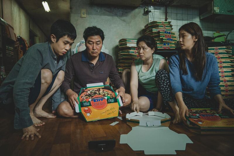 This image released by Neon shows Woo-sik Choi, from left, Kang-ho Song, Hye-jin Jang and So-dam Park in a scene from "Parasite." Nominations to the 92nd Academy Awards will be announced on Monday, Jan. 13. (Neon via AP)