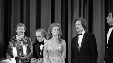Palme d'Or winner, Algerian film director Mohammed Lakhdar-Hamina, on stage with actress Ann-Margret, German director Werner Herzog and actor Vittorio Gassman at the Cannes Film Festival in 1975. Getty Images