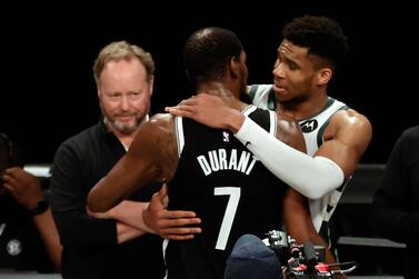 Milwaukee Bucks forward Giannis Antetokounmpo and Brooklyn Nets forward Kevin Durant after Game Seven of the Eastern Conference semi-finals. EPA