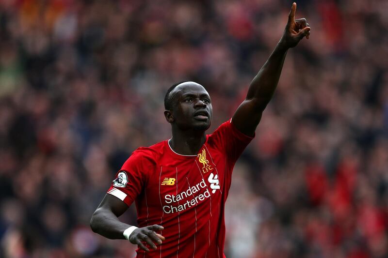 LIVERPOOL, ENGLAND - MARCH 07: Sadio Mane of Liverpool celebrates scoring a goal during the Premier League match between Liverpool FC and AFC Bournemouth  at Anfield on March 07, 2020 in Liverpool, United Kingdom. (Photo by Jan Kruger/Getty Images)