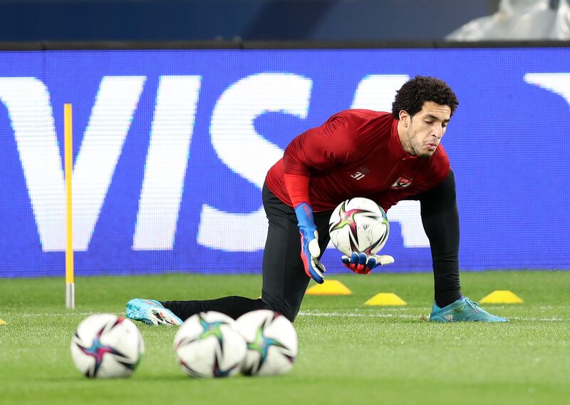 Al Ahly's Mostafa Shobeir trains ahead of the game against Monterrey in the Fifa Club World Cup UAE 2021 at Al Nahyan Stadium in Abu Dhabi. 