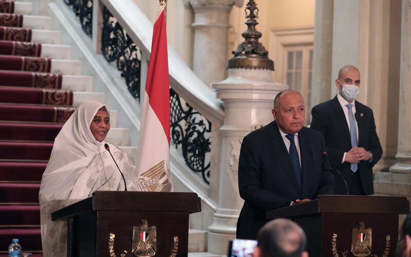 Egyptian Foreign Minister Sameh Shoukry and his Sudanese counterpart Maryam al-Sadiq al-Mahdi give a joint press conference after their meeting at the Tahrir Palace in Cairo. EPA