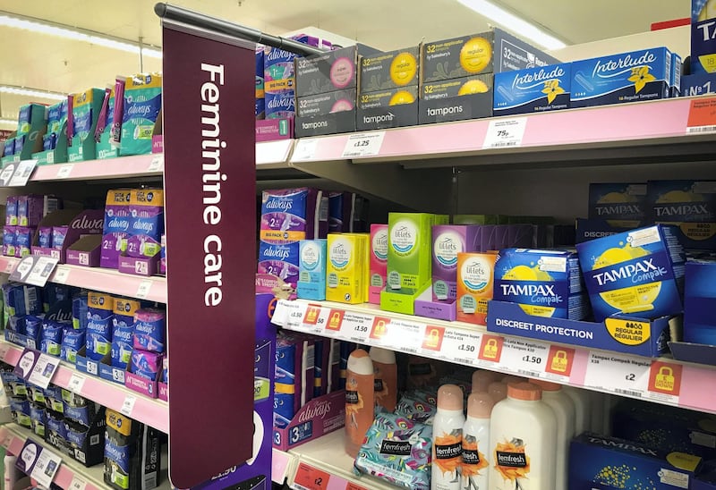 Sanitary products and tampons on sale in a Glasgow supermarket. (Photo by Jane Barlow/PA Images via Getty Images)