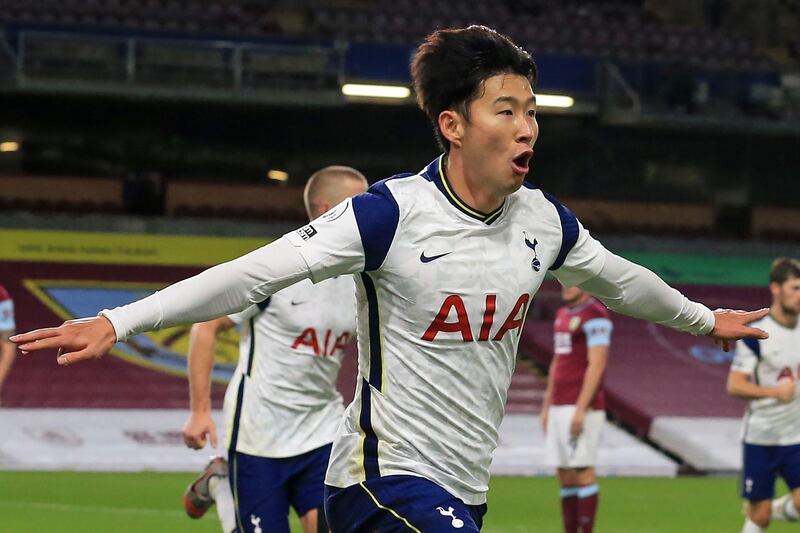 Tottenham Hotspur's South Korean striker Son Heung-Min celebrates after scoring the opening goal during the English Premier League football match between Burnley and Tottenham Hotspur at Turf Moor in Burnley, north west England on October 26, 2020. RESTRICTED TO EDITORIAL USE. No use with unauthorized audio, video, data, fixture lists, club/league logos or 'live' services. Online in-match use limited to 120 images. An additional 40 images may be used in extra time. No video emulation. Social media in-match use limited to 120 images. An additional 40 images may be used in extra time. No use in betting publications, games or single club/league/player publications.
 / AFP / POOL / Lindsey Parnaby / RESTRICTED TO EDITORIAL USE. No use with unauthorized audio, video, data, fixture lists, club/league logos or 'live' services. Online in-match use limited to 120 images. An additional 40 images may be used in extra time. No video emulation. Social media in-match use limited to 120 images. An additional 40 images may be used in extra time. No use in betting publications, games or single club/league/player publications.
