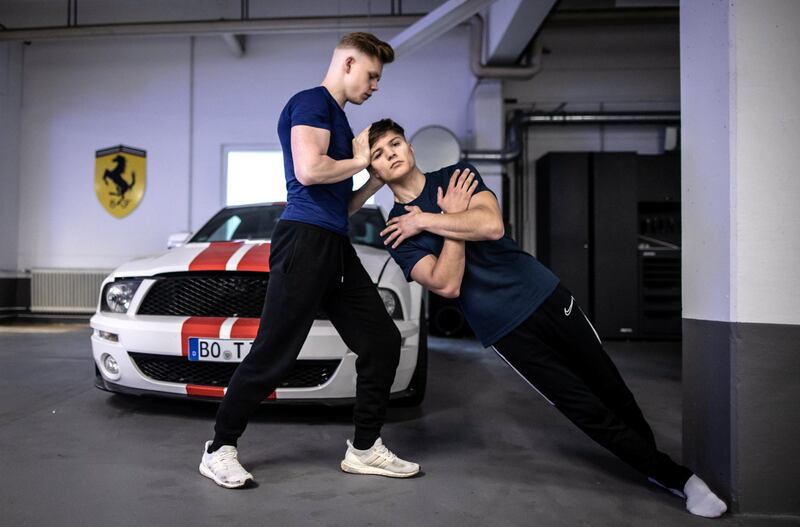 BOCHUM, GERMANY - APRIL 28: Race driver Lirim Zendeli of Germany and F3 Trident trains in a car garage on April 28, 2020 in Bochum, Germany. Due to the ongoing Coronavirus lockdown the 2020 Formula 3 season is postponed and the drivers have to train at home. (Photo by Lars Baron/Bongarts/Getty Images)