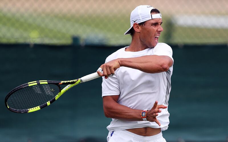 Rafael Nadal during a training session on Day 6 of the Wimbledon Championships at The All England Lawn Tennis and Croquet Club. Gareth Fuller / Press Association