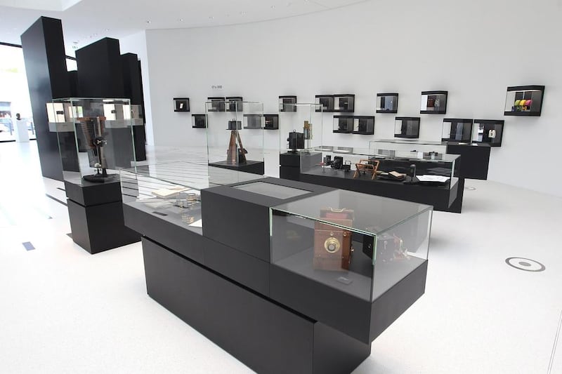 Cameras on display at the new headquarters of Leica in Wetzlar, Germany. Daniel Roland / AFP