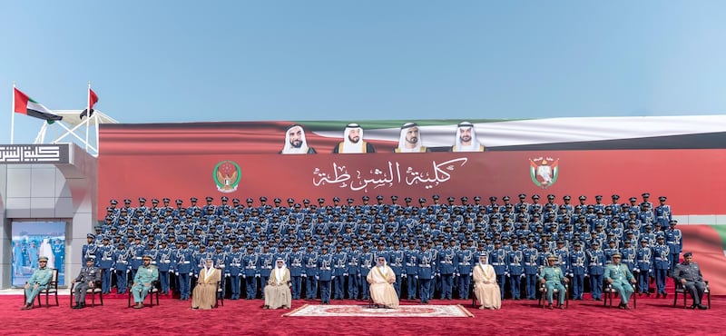 Sheikh Saif bin Zayed, Deputy Prime Minister and Minister of Interior, attends a graduation ceremony at Abu Dhabi Police College on Sunday. The group of men and women included 18 graduates from Saudi Arabia, five from Bahrain, two from Jordan and one from Comoros. Wam