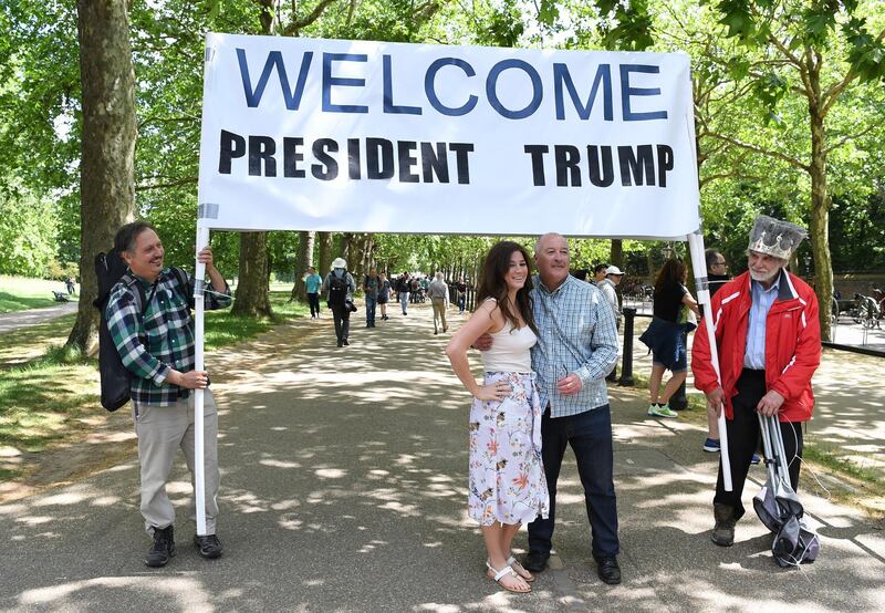 President Trump supporters with a banner 'Welcome President Trump' gather outside Buckingham palace during the US President Donald J. Trump State visit to the UK in London, Britain, 03 June 2019. US President Trump and his wife are on a three-day state visit to United Kingdom.  EPA