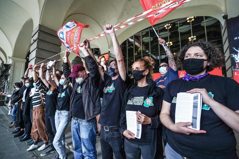 Workers from the culture and entertainment sector protest in Piazza Castello, Turin, Italy. EPA