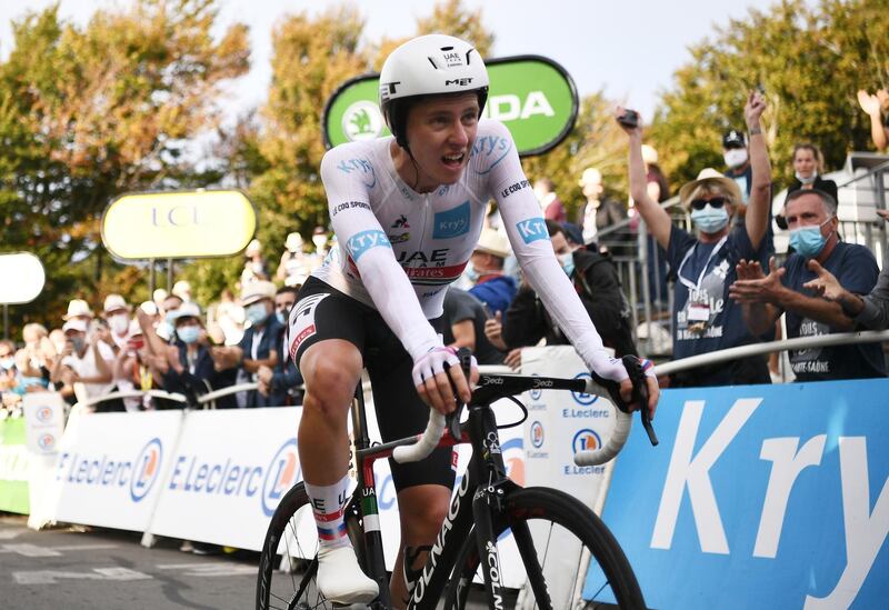 UAE Team Emirates rider Tadej Pogacar after completing Stage 20. Reuters