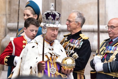 Gen Lord David Richards, second from right, looks on as King Charles leaves Westminster Abbey. AP