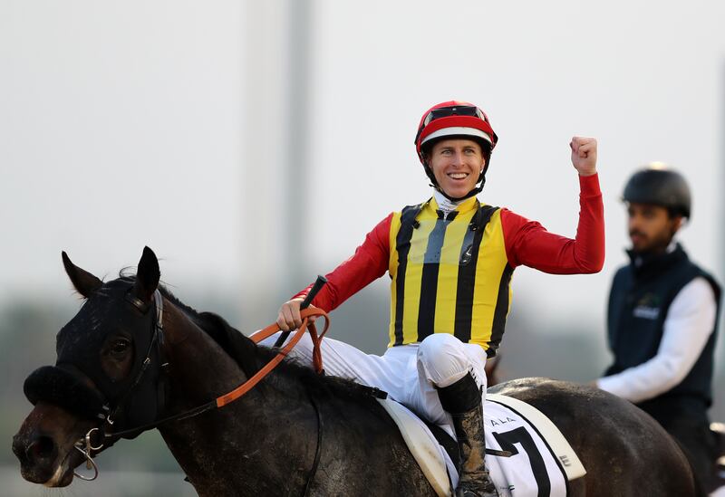 Victors Crown Pride and Damian Lane after the UAE Derby during the Dubai World Cup at Meydan Racecourse. Chris Whiteoak / The National