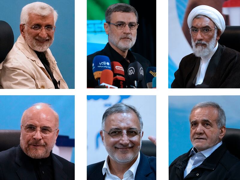 The candidates for Iran’s presidential election are, clockwise from top left: former nuclear negotiator Saeed Jalili, Vice President Amirhossein Ghazizadeh Hashemi, former justice and interior minister Mostafa Pourmohammadi, Tehran mayor Alireza Zakani and Parliament Speaker Mohammad Bagher Qalibaf. AP