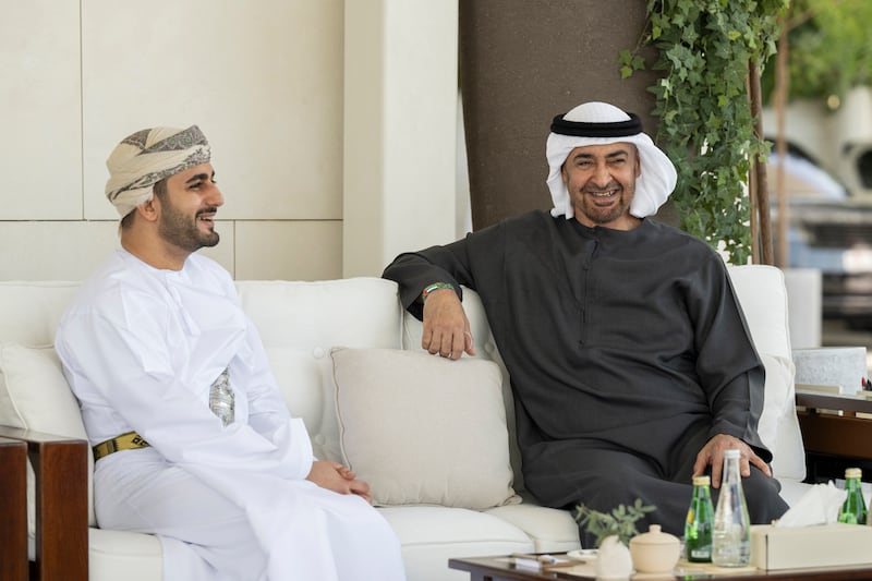 President Sheikh Mohamed meets Oman's Theyazin bin Haitham, Minister of Culture, Sports and Youth, at Al Shati Palace. All photos: UAE Presidential Court 
