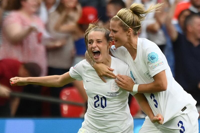 Midfielder Ella Toone celebrates after scoring England's opening goal in the Women's Euro 2022 final against Germany at Wembley Stadium  in London on July 31, 2022. AFP