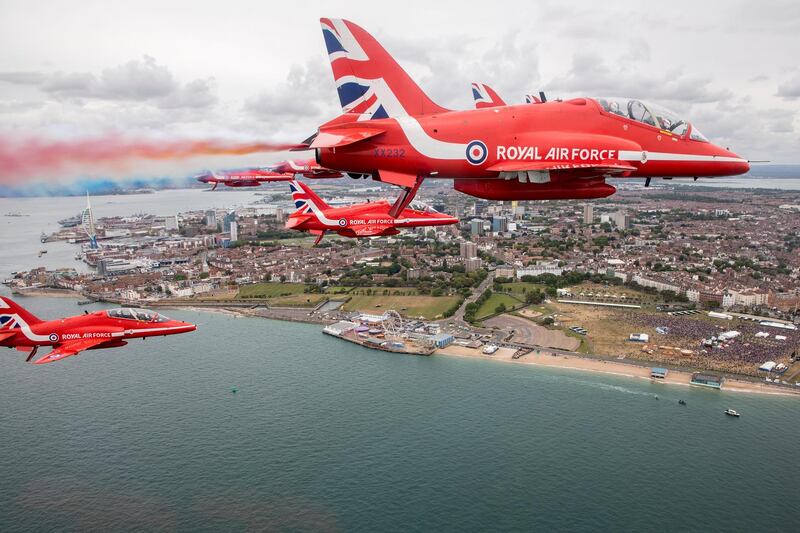 A flypast by the British Royal Air Force (RAF) Aerobatic Team, the Red Arrows, during the commemorations for the 75th Anniversary of the D-Day landings over Southsea Common, Portsmouth, Hampshire.  EPA